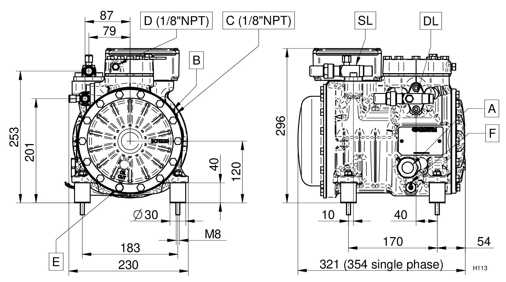 H181CC - 2 Cylinder Semi Hermetic Compressor Series H-H11 | DORIN