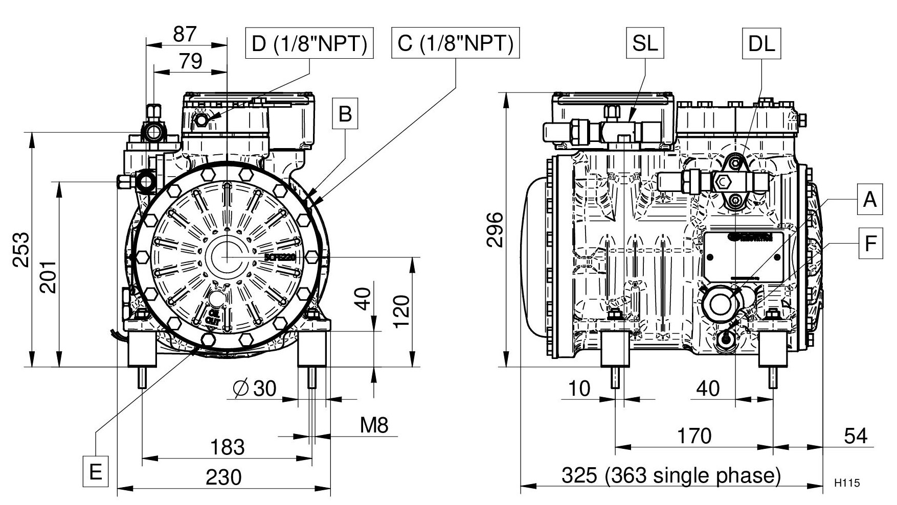 H221CS - Compressore Semiermetico 2 Cilindri Serie H-H11 | DORIN