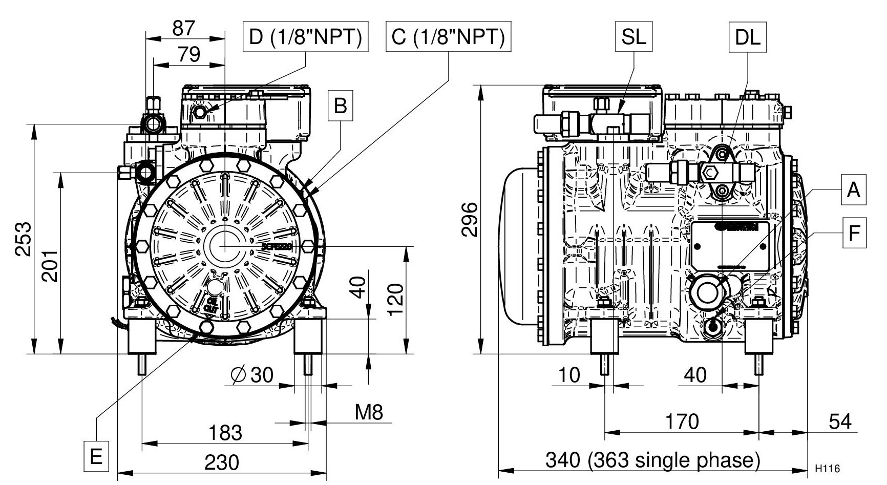 H251CC - 2 Cylinder Semi Hermetic Compressor Series H-H11 | DORIN