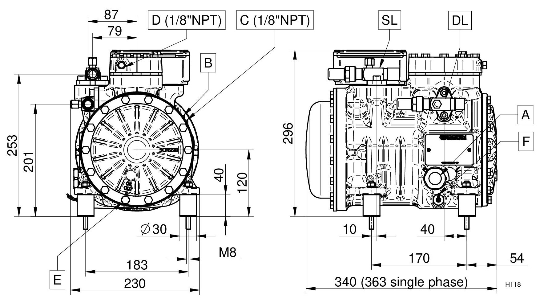 H281CC - 2 Cylinder Semi Hermetic Compressor Series H-H11 | DORIN