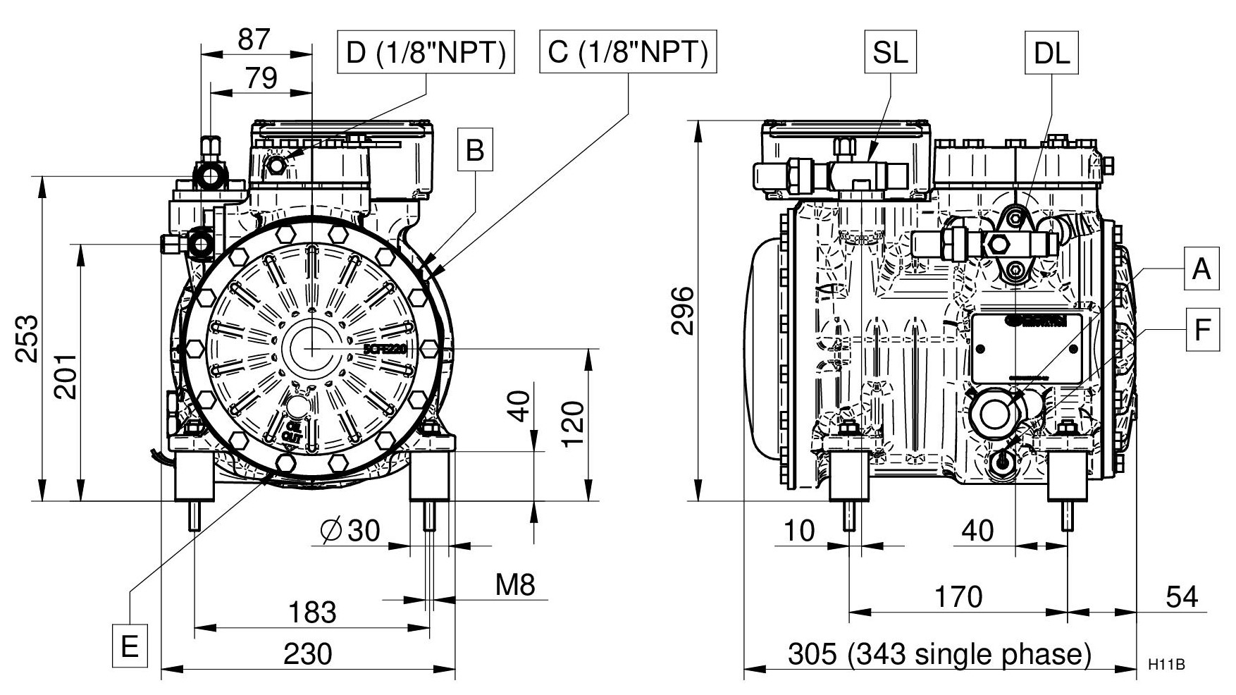 H151CS - Compressore Semiermetico 2 Cilindri Serie H-H11 | DORIN