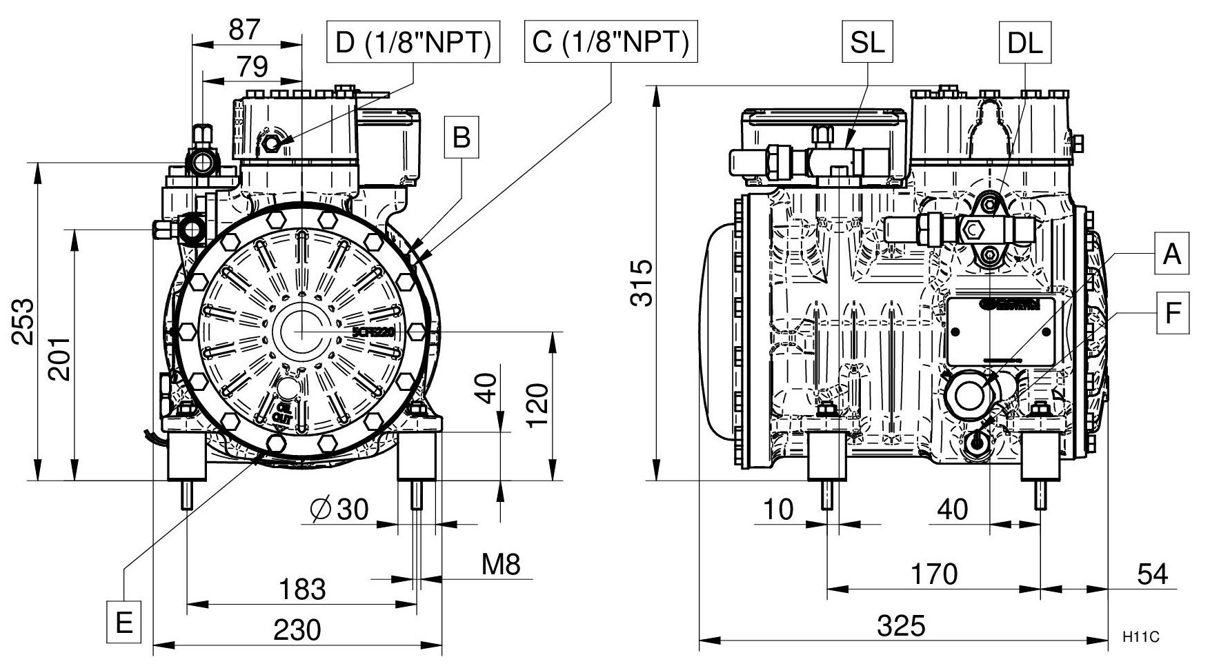 H281SB - Compressore Semiermetico 2 Cilindri Serie H-H11 | DORIN