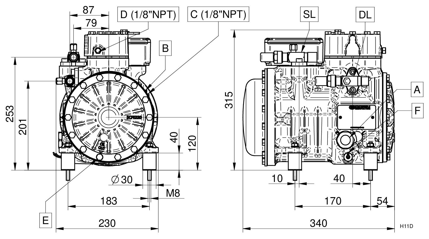 H281CS - Compressore Semiermetico 2 Cilindri Serie H-H11 | DORIN