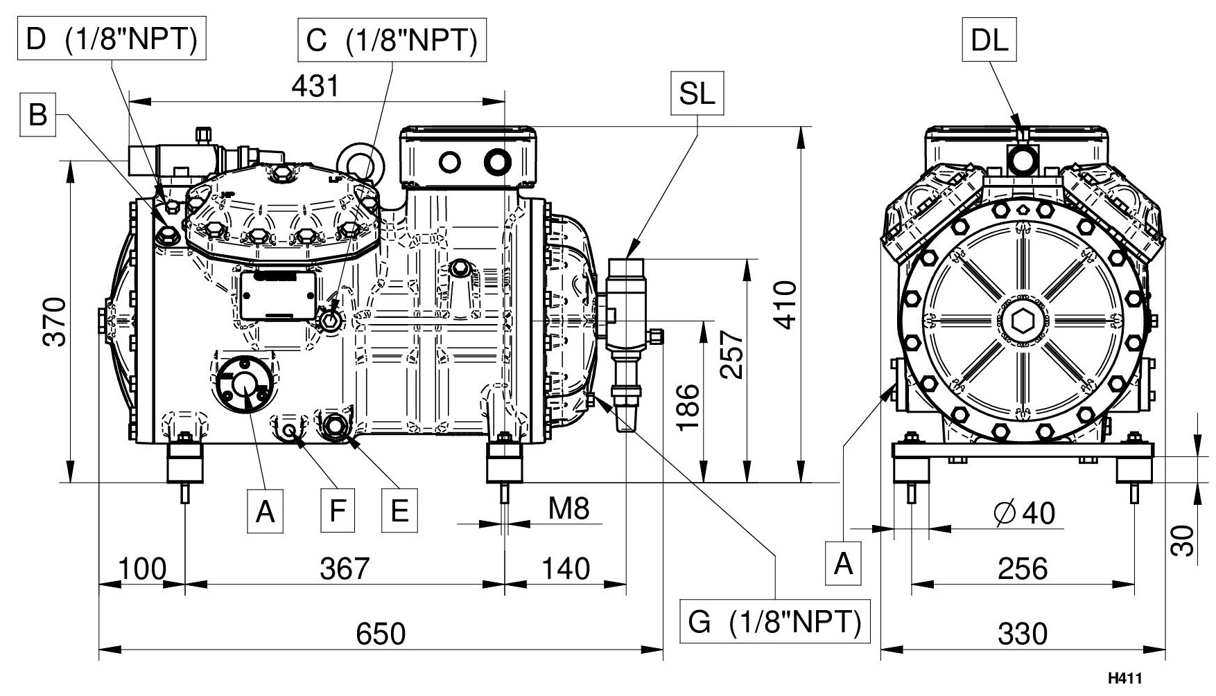 H851CS 4 Cylinder Compressor Semi Hermetic | DORIN - Commercial Refrigeration