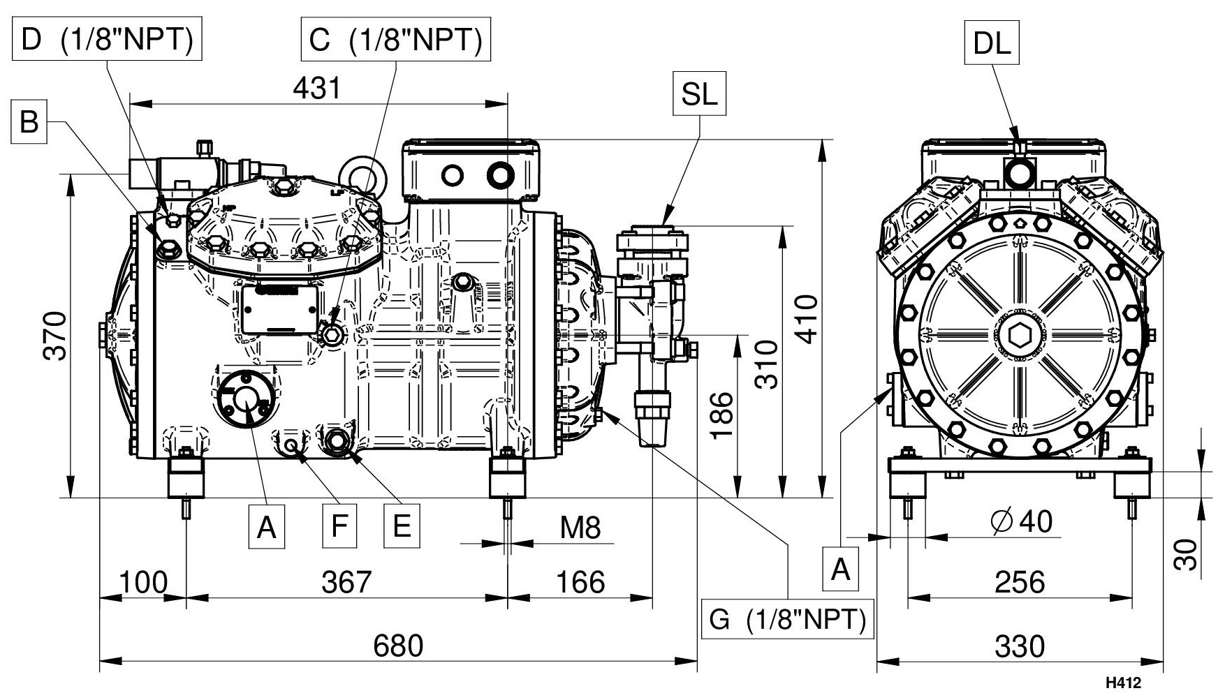 H1601CS - 4 Cylinder Semi Hermetic Compressor Series H-H41 | DORIN