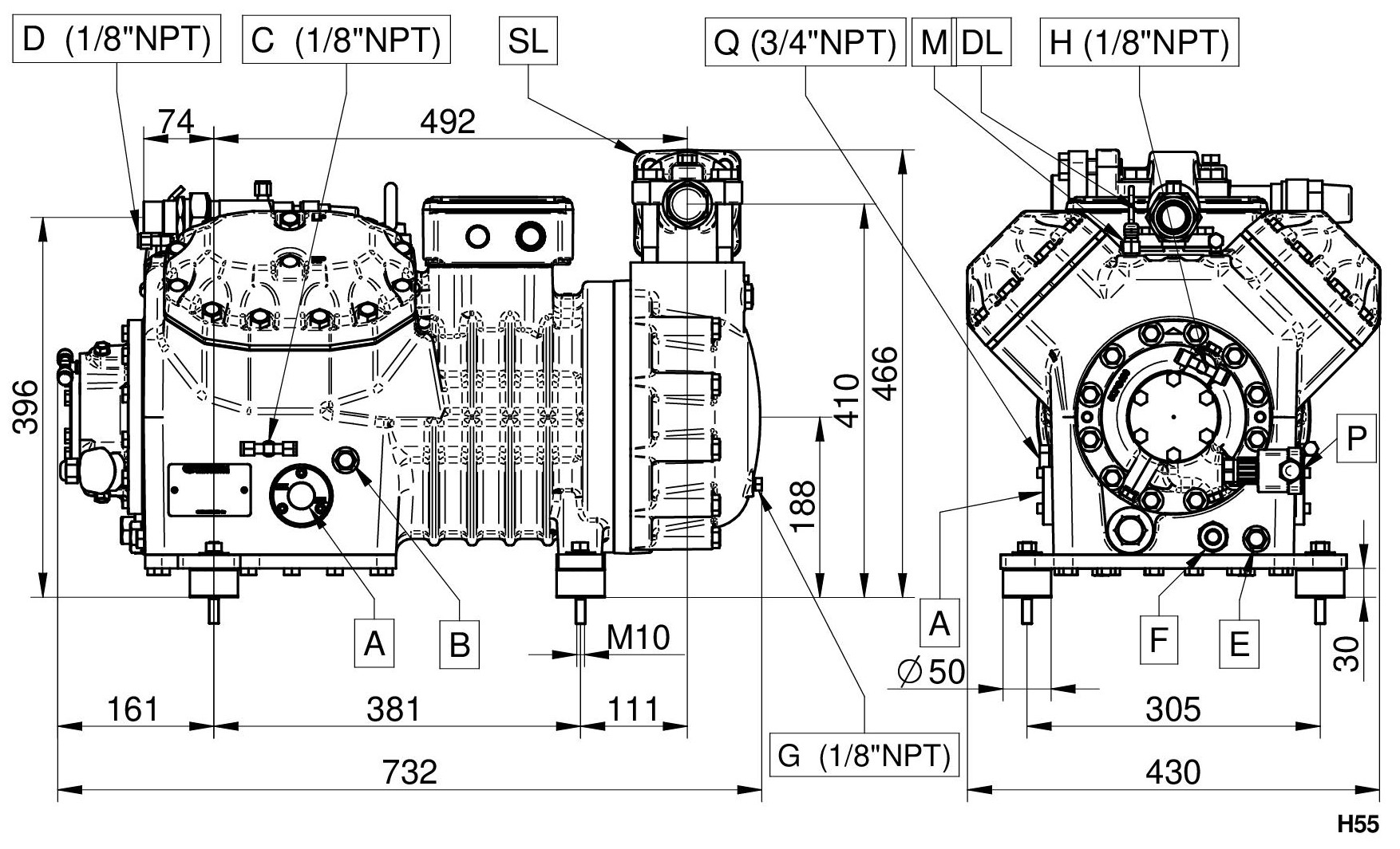 H3400CC - Compressore Semiermetico 4 Cilindri Serie H-H5 | DORIN