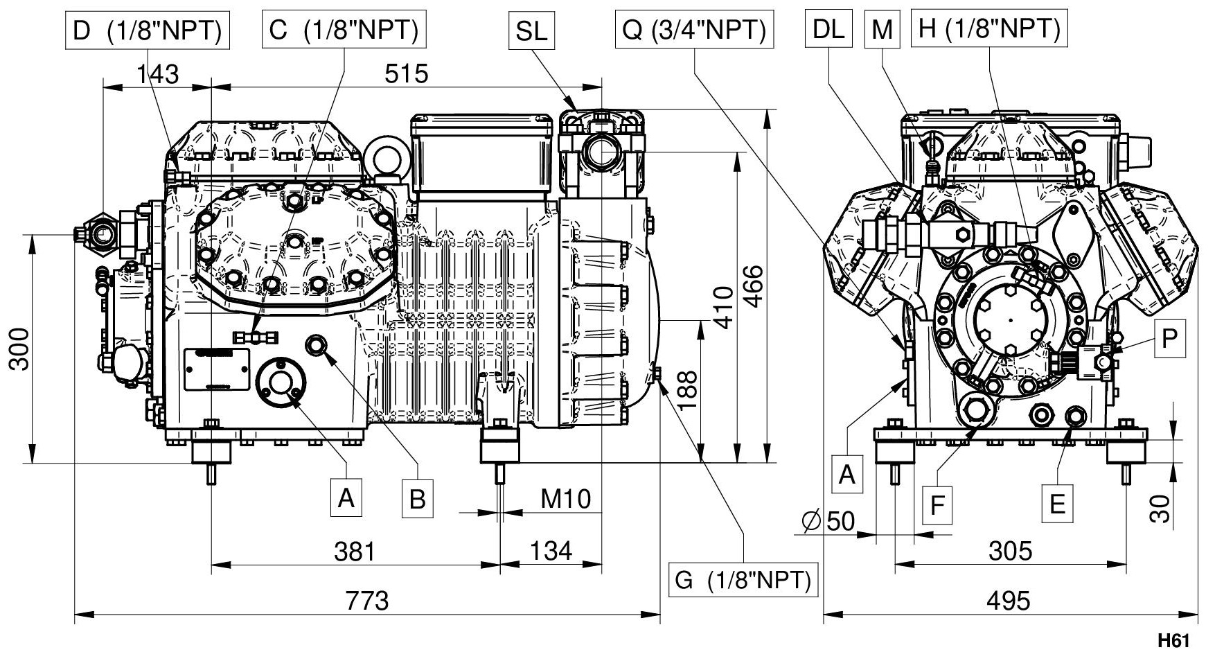 H3000CS - 6 Cylinder Semi Hermetic Compressor Series H-H6 | DORIN