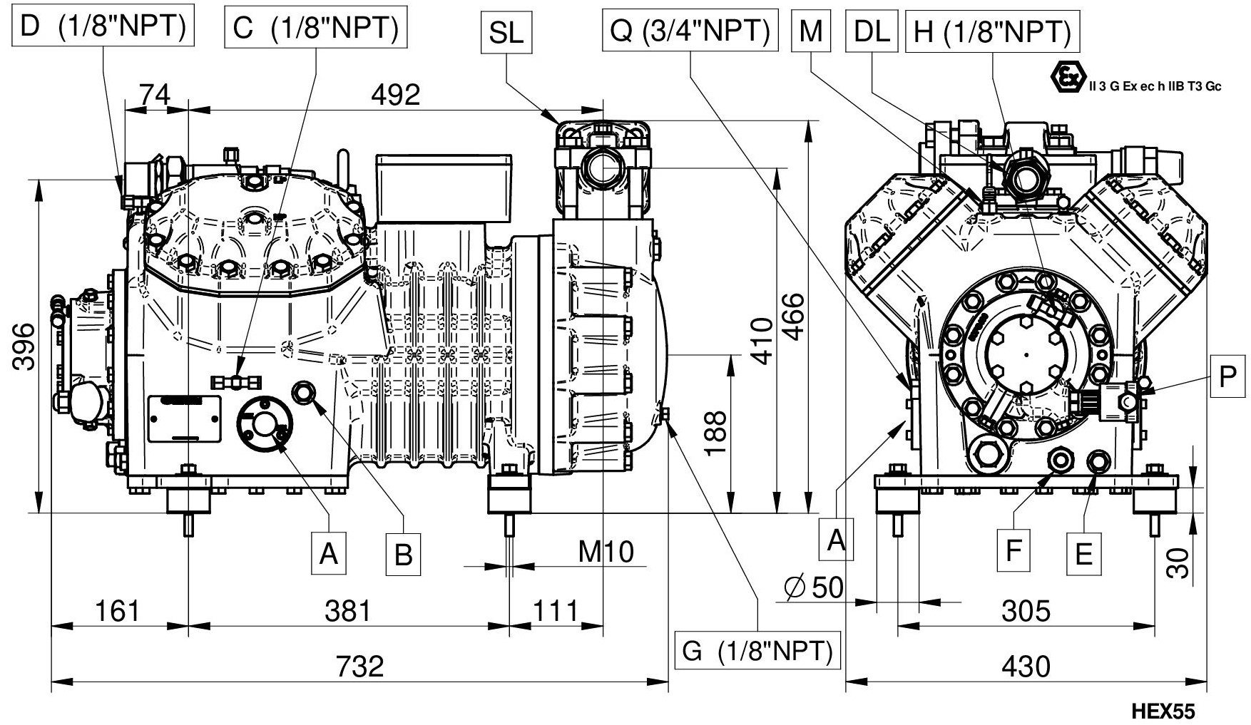 HEX3400CC - 4 Cylinder ATEX Compressor Series HEX5 | DORIN